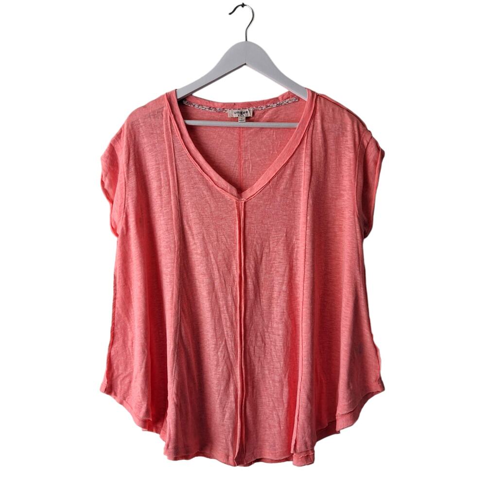 Umgee Coral Pink V-Neck Short Sleeve Blouse